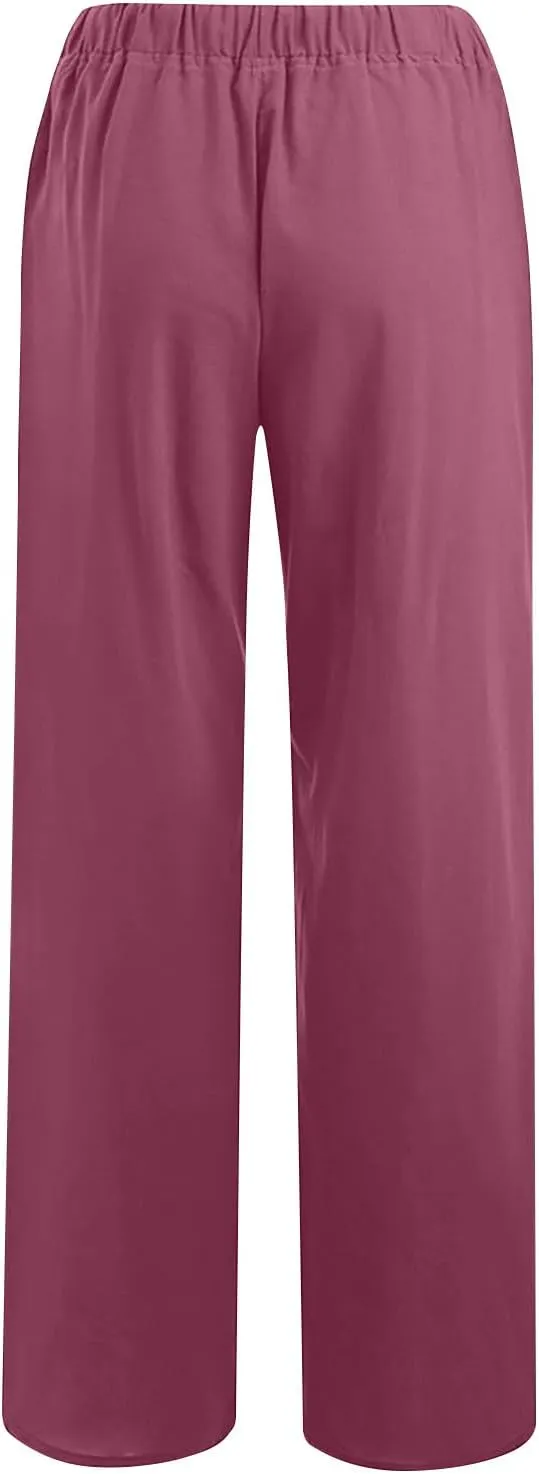 Women's Cotton Linen Pants High Waisted Wide Leg Pants Summer Casual Loose Fit Long Lounge Trousers with Pockets