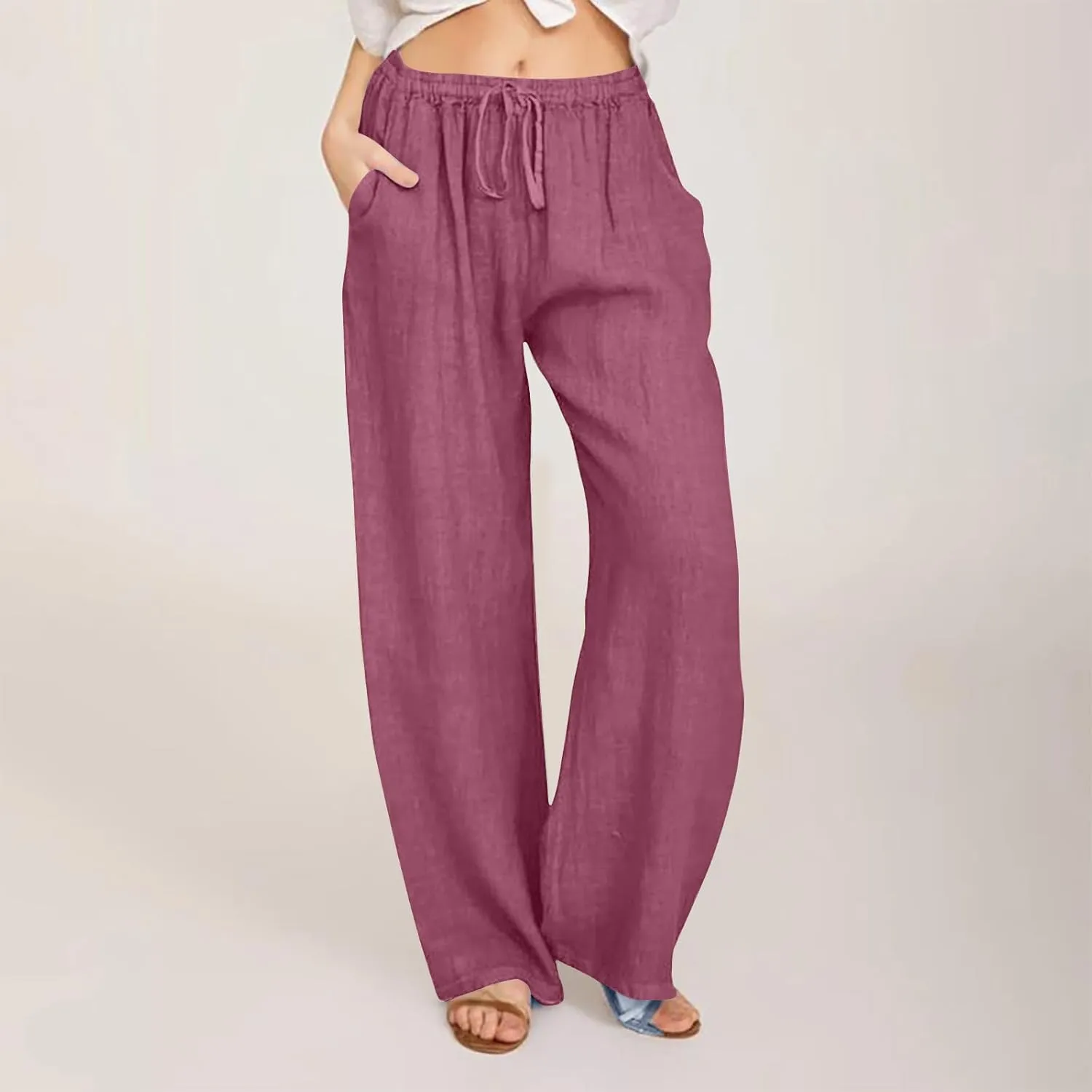Women's Cotton Linen Pants High Waisted Wide Leg Pants Summer Casual Loose Fit Long Lounge Trousers with Pockets
