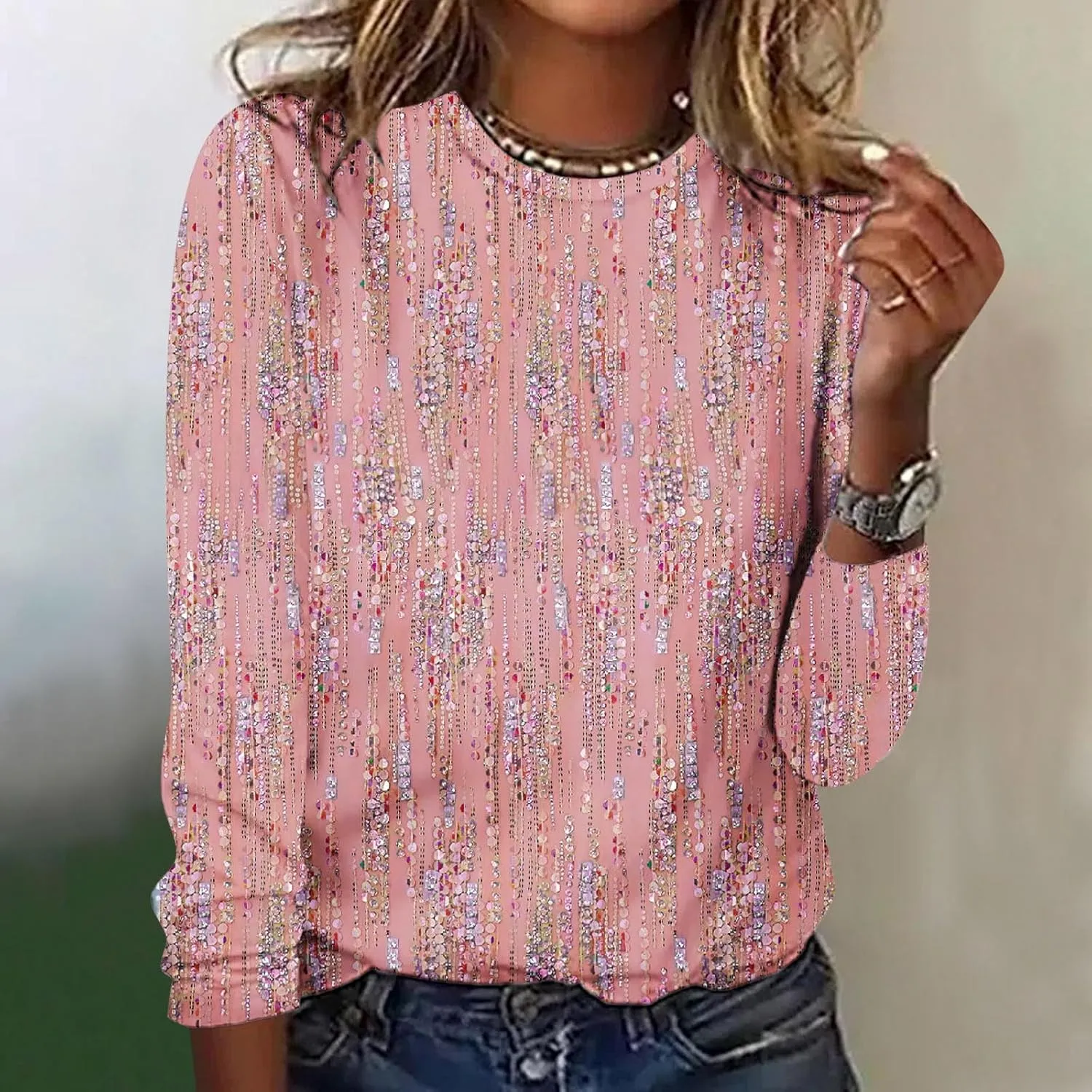 Womens Cute Long Sleeve Tops Trendy 2023 Floral Print Tunic Shirts Crewneck Loose Comfy Blouses Dressy Casual