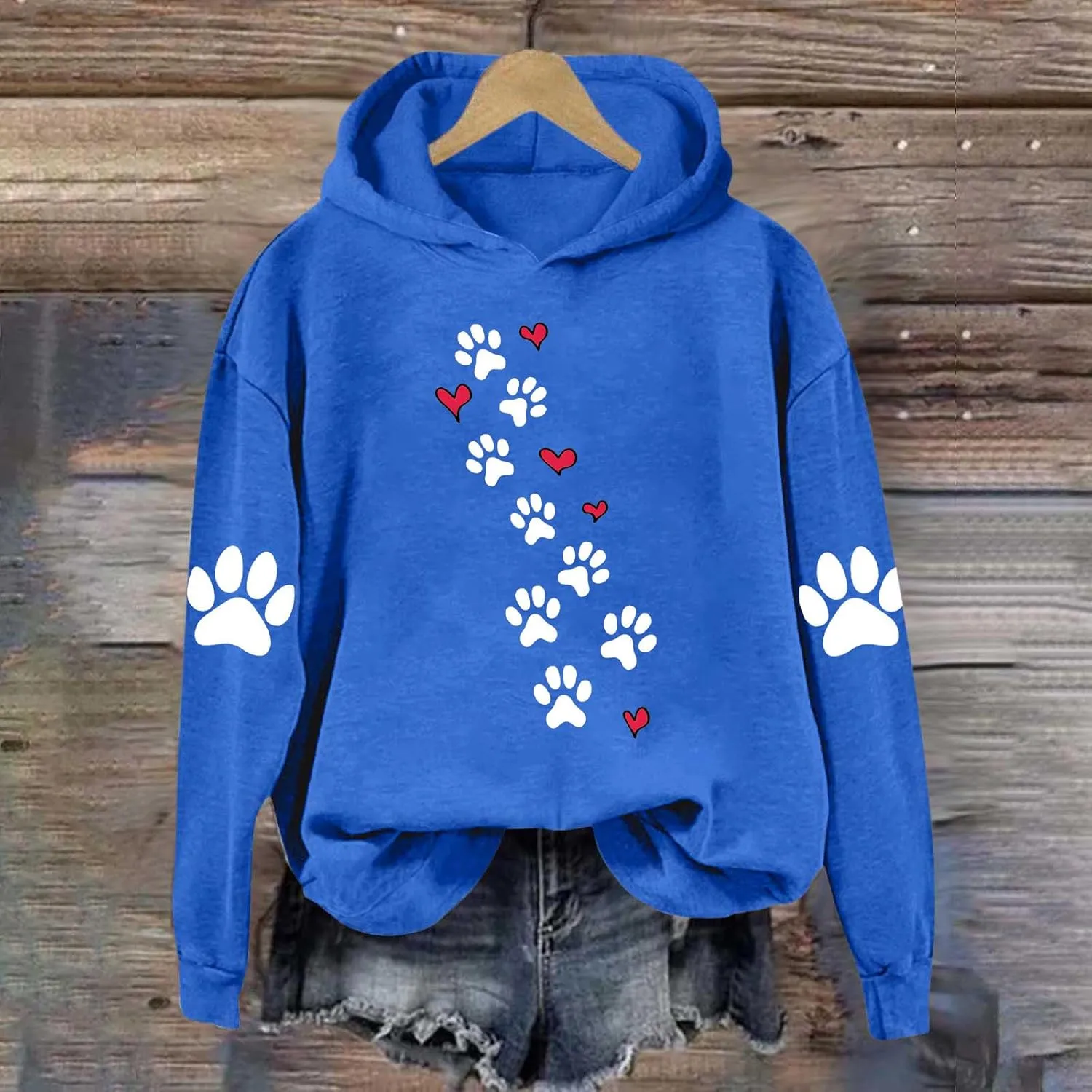Womens Dog Paw Print Hoodies Cute Funny Heart Graphic Sweatshirts Casual Loose Fit Long Sleeve Hooded Pullover Tops