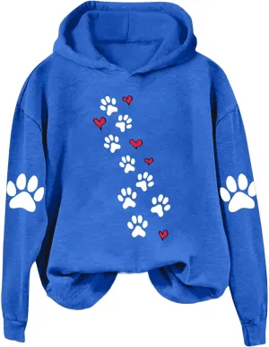Womens Dog Paw Print Hoodies Cute Funny Heart Graphic Sweatshirts Casual Loose Fit Long Sleeve Hooded Pullover Tops