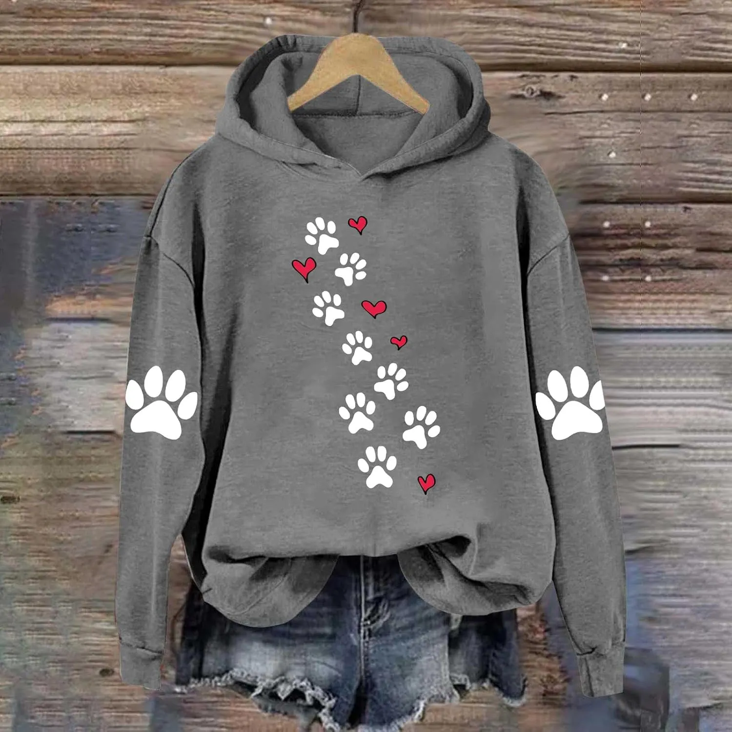 Womens Dog Paw Print Hoodies Cute Funny Heart Graphic Sweatshirts Casual Loose Fit Long Sleeve Hooded Pullover Tops