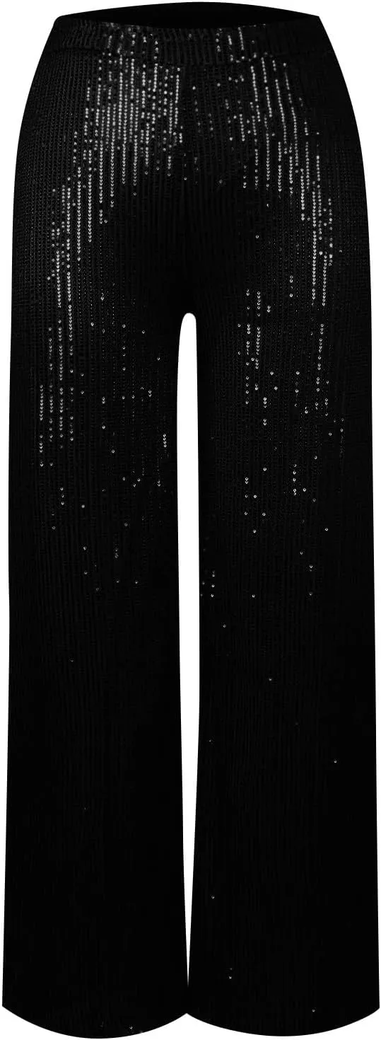 Women's Dressy Fashion Casual Solid Color High Waist Sequin Side Zipper Draped Wide Leg Loose Fit Pants