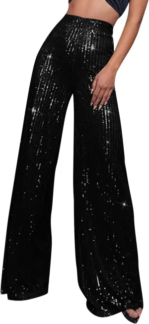 Women's Dressy Fashion Casual Solid Color High Waist Sequin Side Zipper Draped Wide Leg Loose Fit Pants
