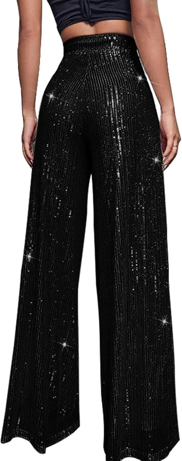 Women's Dressy Fashion Casual Solid Color High Waist Sequin Side Zipper Draped Wide Leg Loose Fit Pants