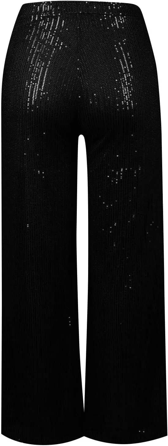 Women's Dressy Fashion Casual Solid Color High Waist Sequin Side Zipper Draped Wide Leg Loose Fit Pants