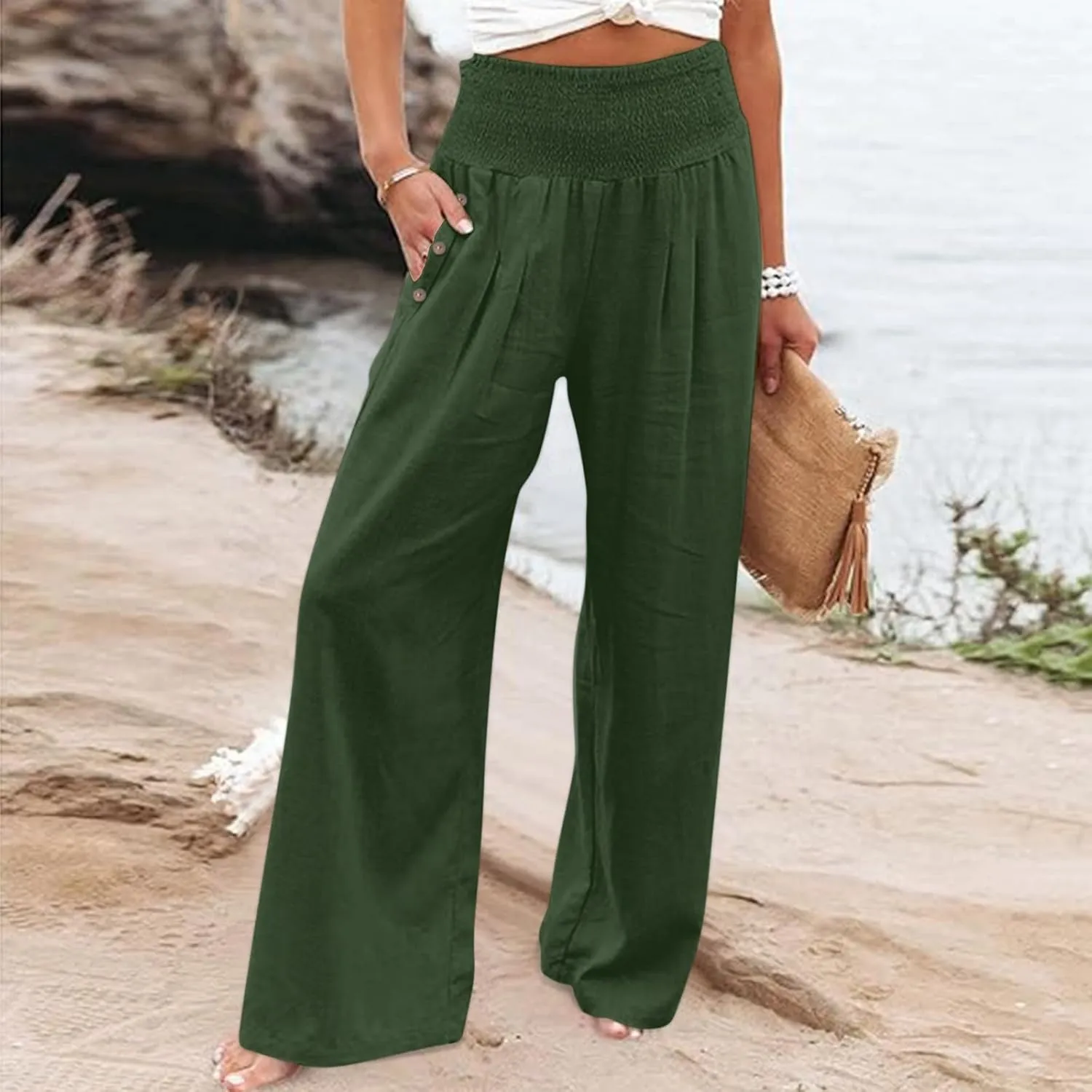 Women's Fashion Loose Casual Buttoned Wide Leg Dressy Loose Fit Pants