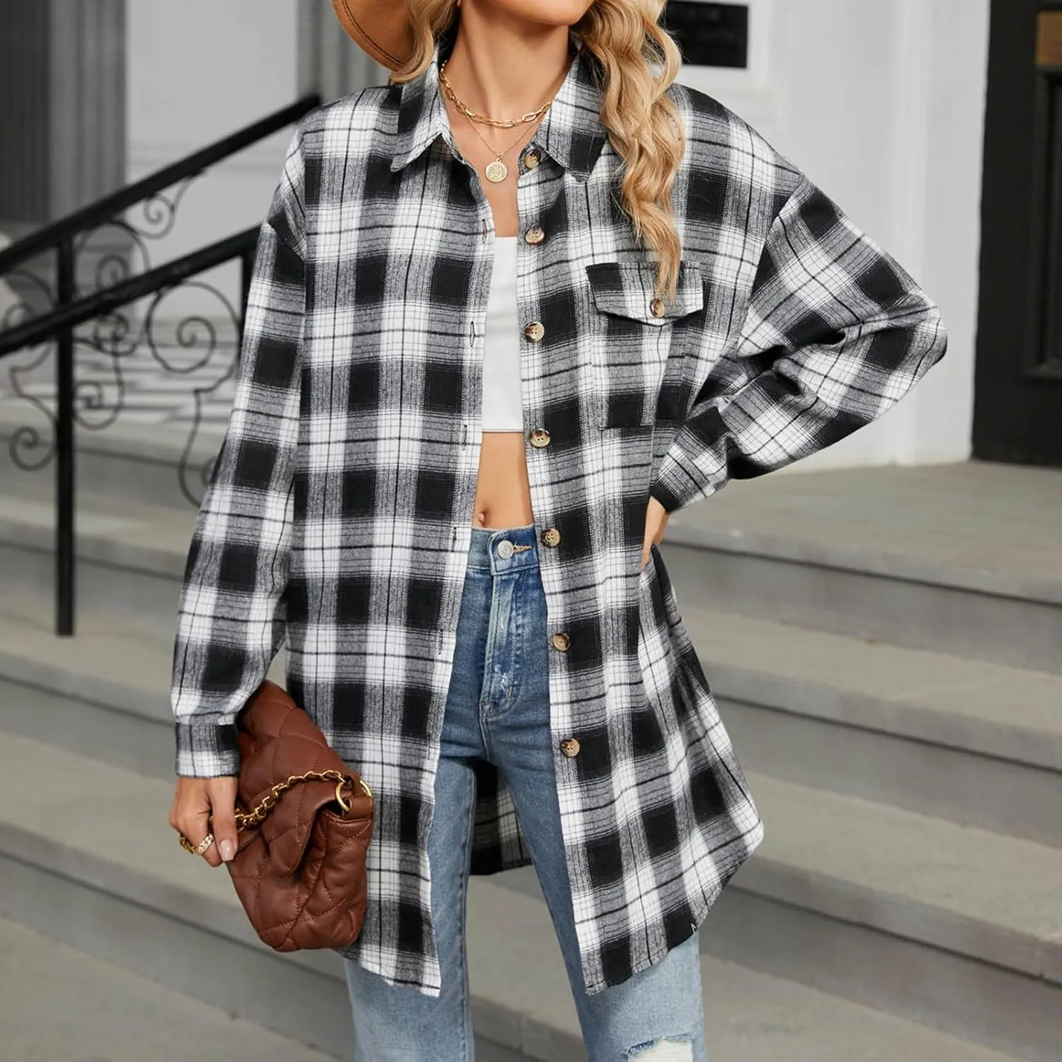 Womens Fashion Plaid Shacket Button Down Long Sleeve Shirts Casual Loose Fit Jacket Womens Tops Spring Fall Outfits