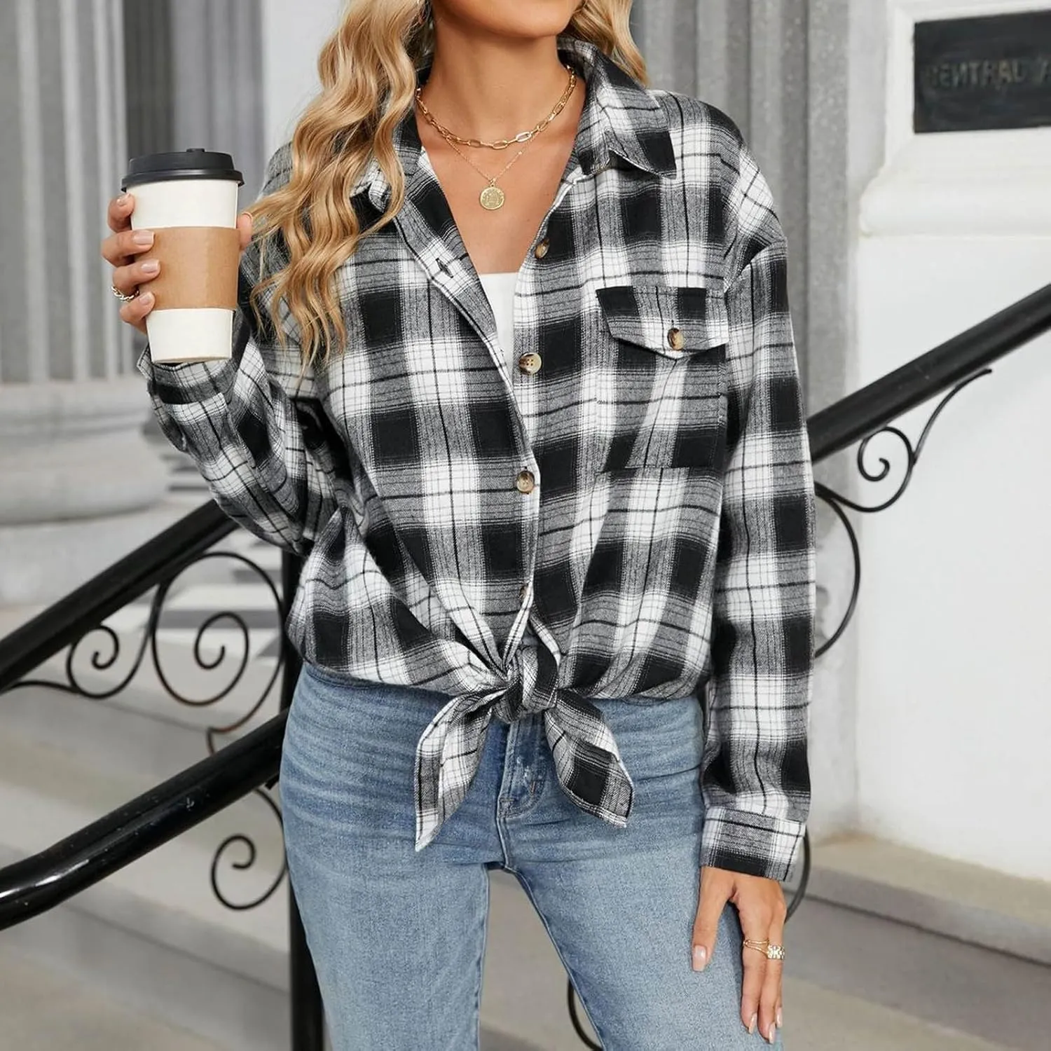 Womens Fashion Plaid Shacket Button Down Long Sleeve Shirts Casual Loose Fit Jacket Womens Tops Spring Fall Outfits