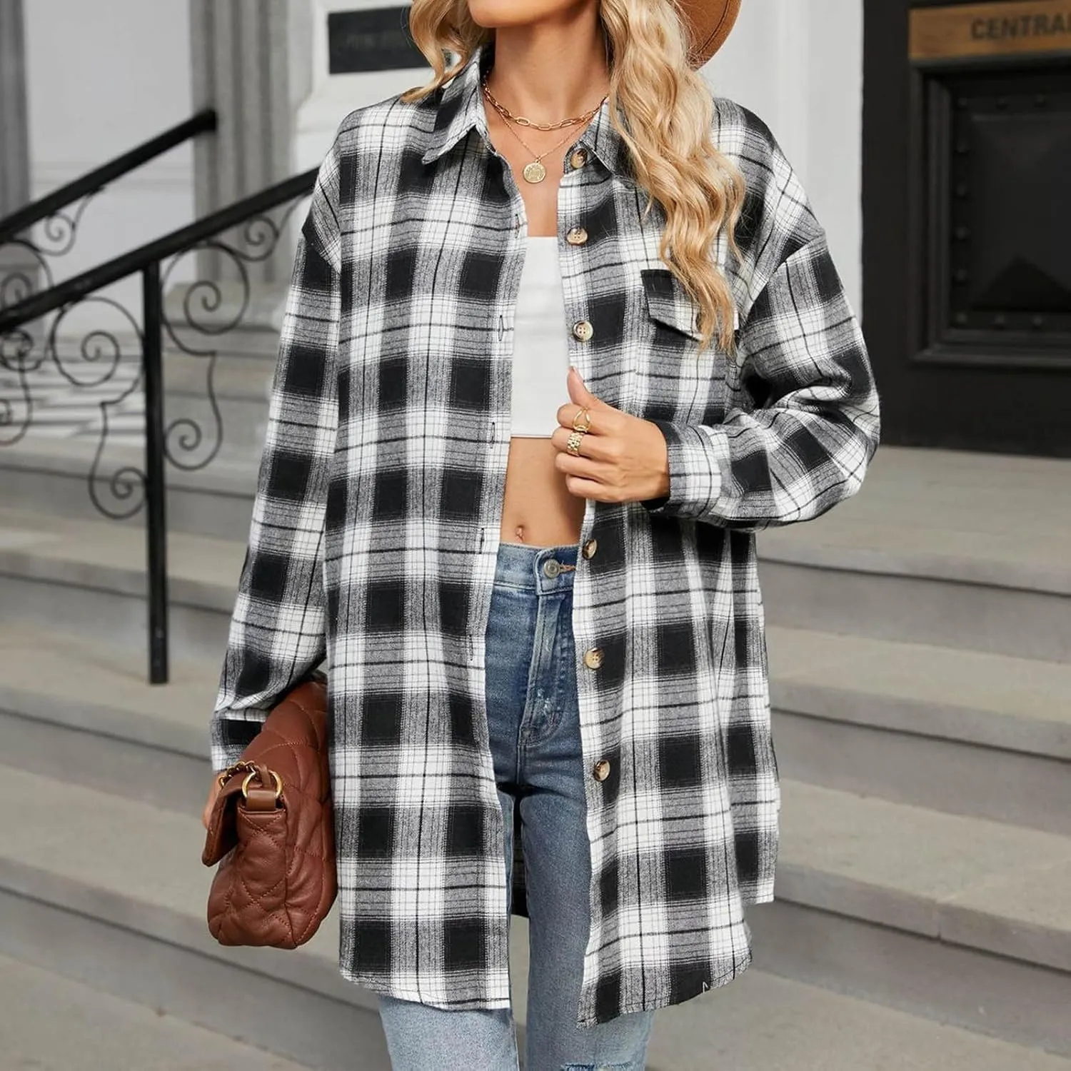 Womens Fashion Plaid Shacket Button Down Long Sleeve Shirts Casual Loose Fit Jacket Womens Tops Spring Fall Outfits
