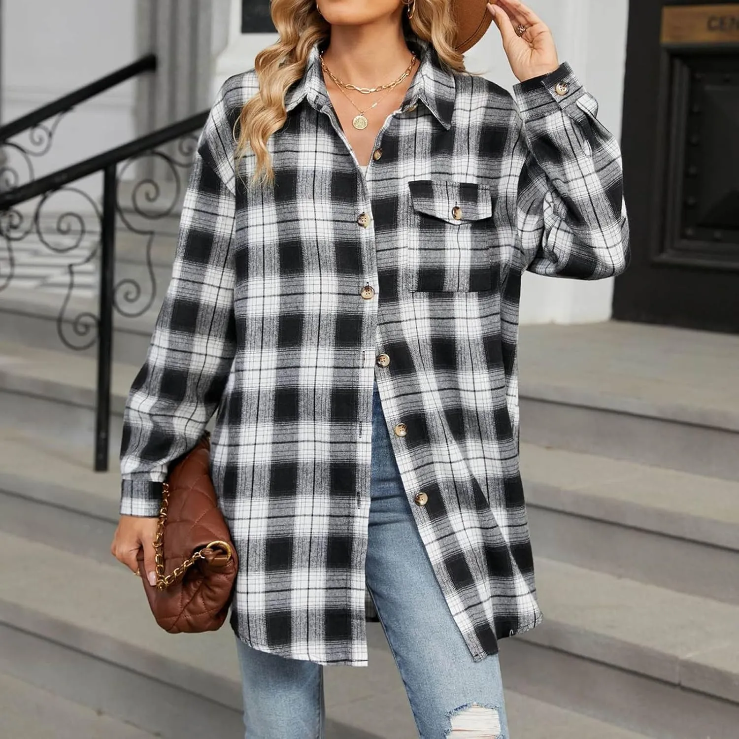 Womens Fashion Plaid Shacket Button Down Long Sleeve Shirts Casual Loose Fit Jacket Womens Tops Spring Fall Outfits