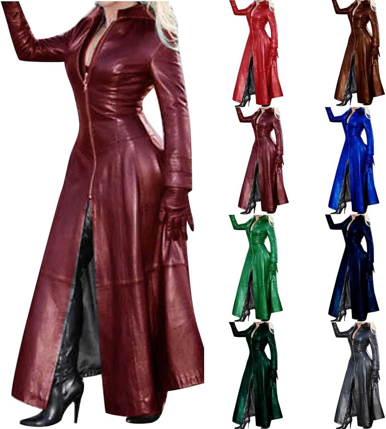 Womens Faux Leather Jacket Fashion Sexy Long Pu Moto Jackets Fall Plus Size Zipper Slim Fit Mock Neck Trench Coats