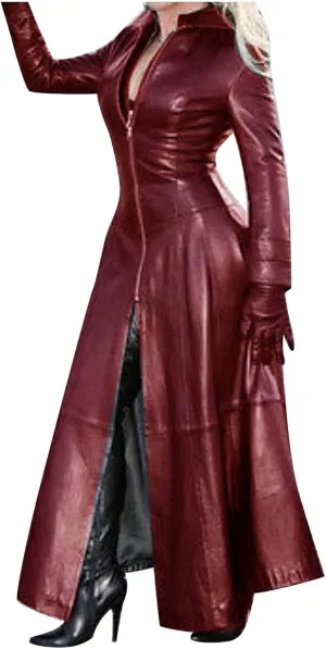 Womens Faux Leather Jacket Fashion Sexy Long Pu Moto Jackets Fall Plus Size Zipper Slim Fit Mock Neck Trench Coats