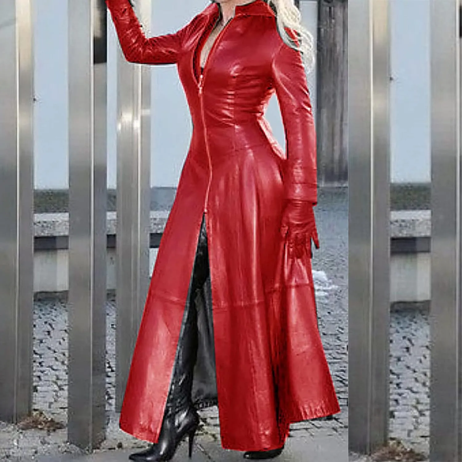 Womens Faux Leather Jacket Fashion Sexy Long Pu Moto Jackets Fall Plus Size Zipper Slim Fit Mock Neck Trench Coats