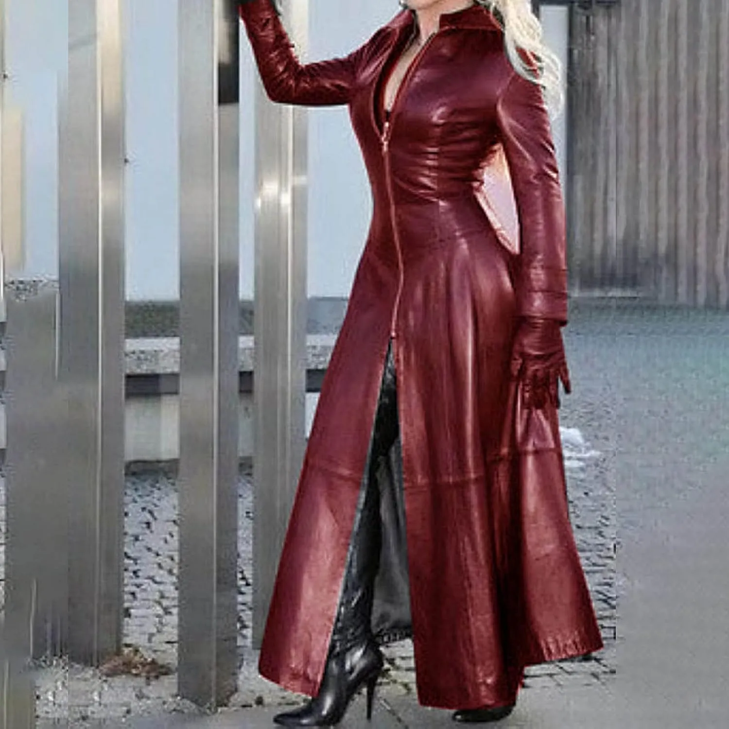 Womens Faux Leather Jacket Fashion Sexy Long Pu Moto Jackets Fall Plus Size Zipper Slim Fit Mock Neck Trench Coats