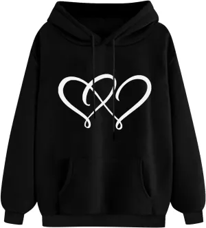 Women's Graphic Hoodies Heart Print Drawstring Long Sleeve Pocket Sweatshirt Casual Loose Fit Crewneck Pullover Tops