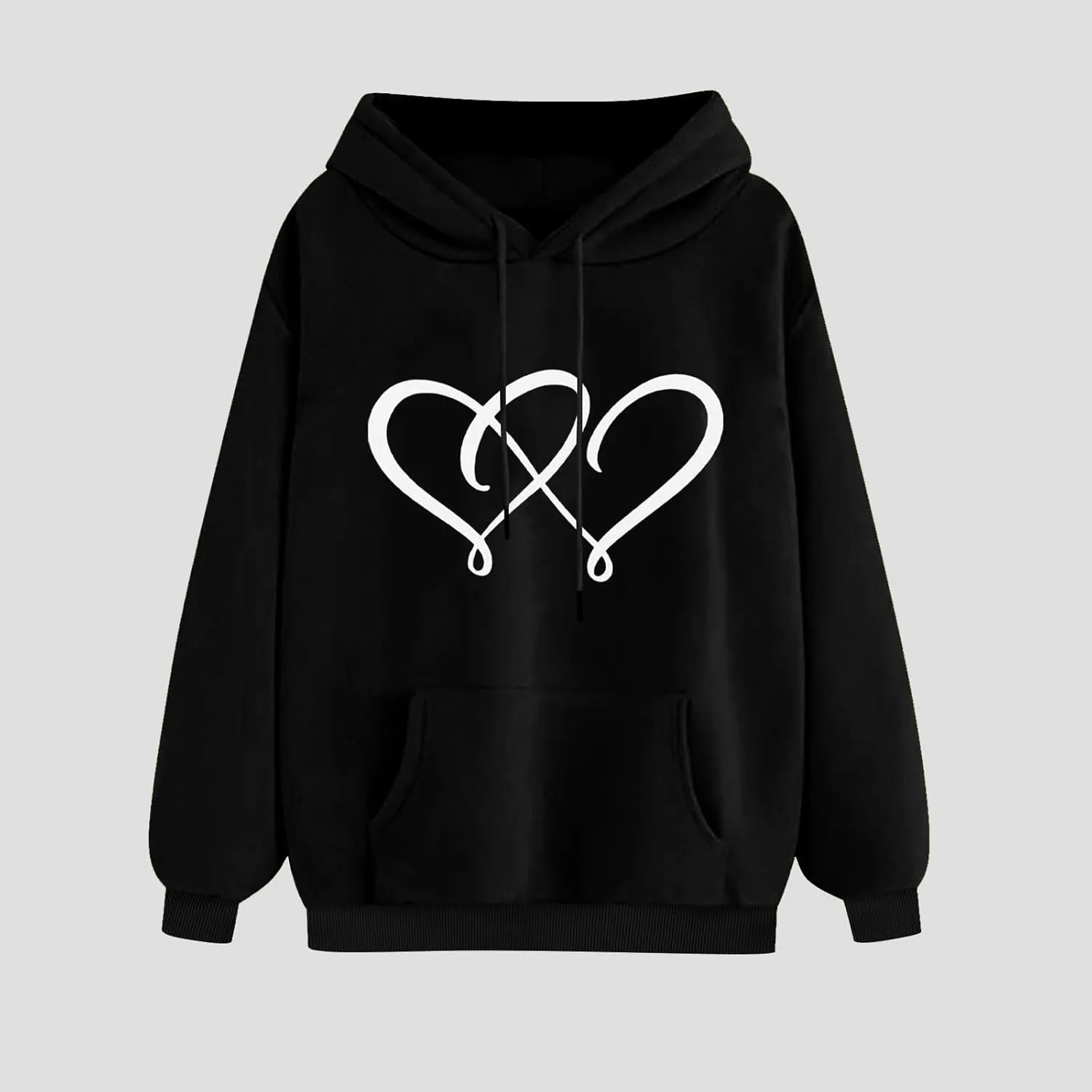 Women's Graphic Hoodies Heart Print Drawstring Long Sleeve Pocket Sweatshirt Casual Loose Fit Crewneck Pullover Tops