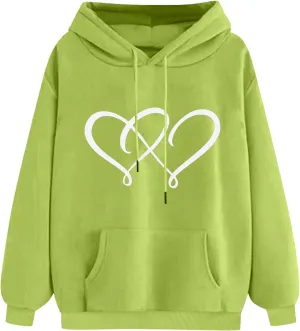 Women's Graphic Hoodies Heart Print Drawstring Long Sleeve Pocket Sweatshirt Casual Loose Fit Crewneck Pullover Tops