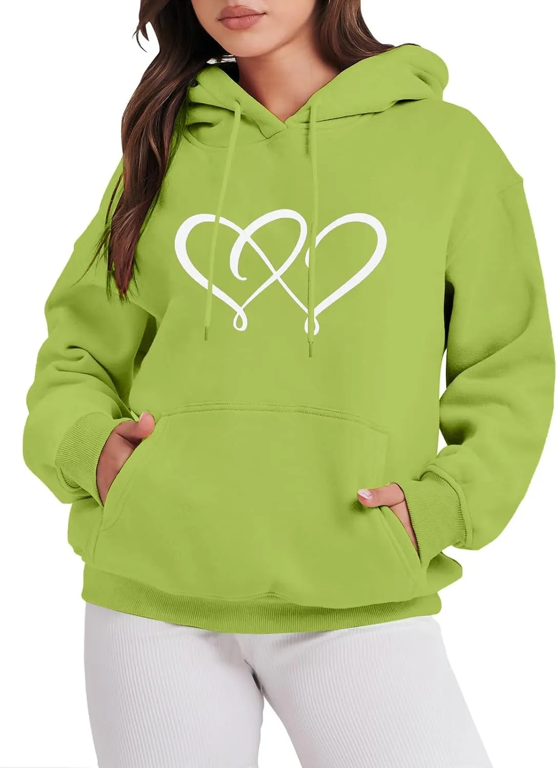 Women's Graphic Hoodies Heart Print Drawstring Long Sleeve Pocket Sweatshirt Casual Loose Fit Crewneck Pullover Tops