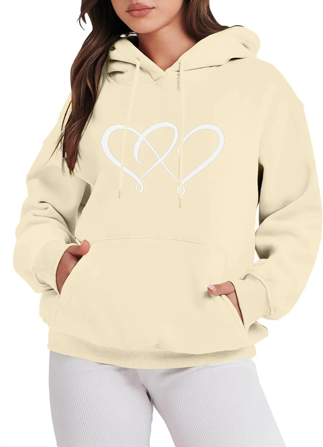 Women's Graphic Hoodies Heart Print Drawstring Long Sleeve Pocket Sweatshirt Casual Loose Fit Crewneck Pullover Tops