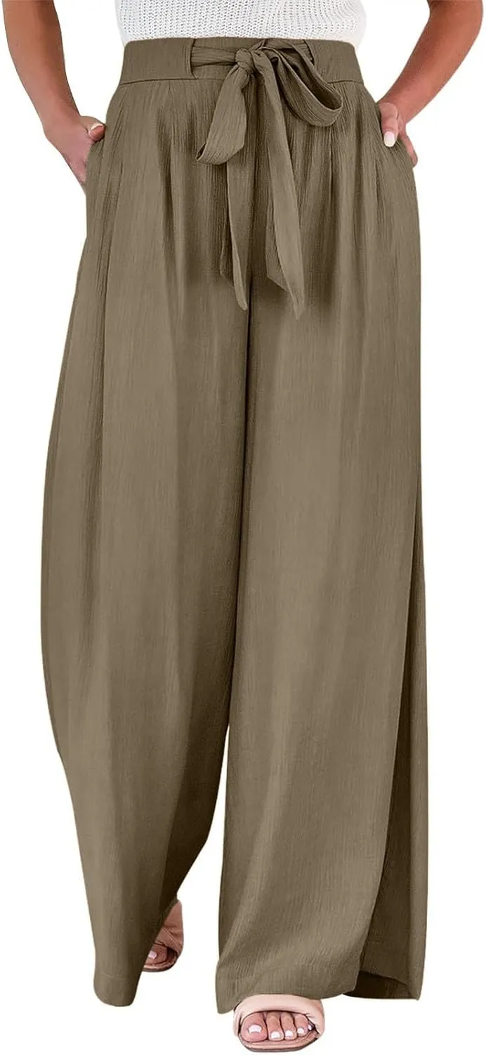 Women's High Waist Adjustable Tie Knot Flowing Wide Leg Dressy Casual Loose Fit Fashion Pants