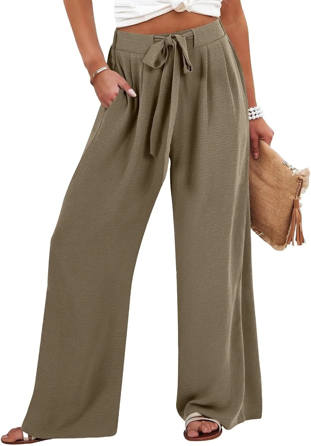 Women's High Waist Adjustable Tie Knot Flowing Wide Leg Dressy Casual Loose Fit Fashion Pants