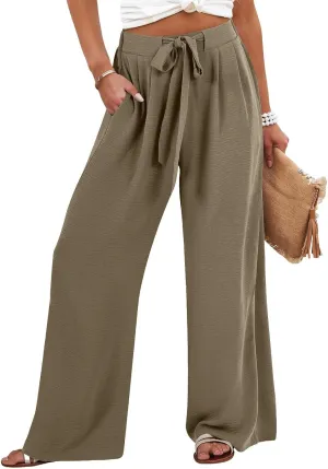 Women's High Waist Adjustable Tie Knot Flowing Wide Leg Dressy Casual Loose Fit Fashion Pants