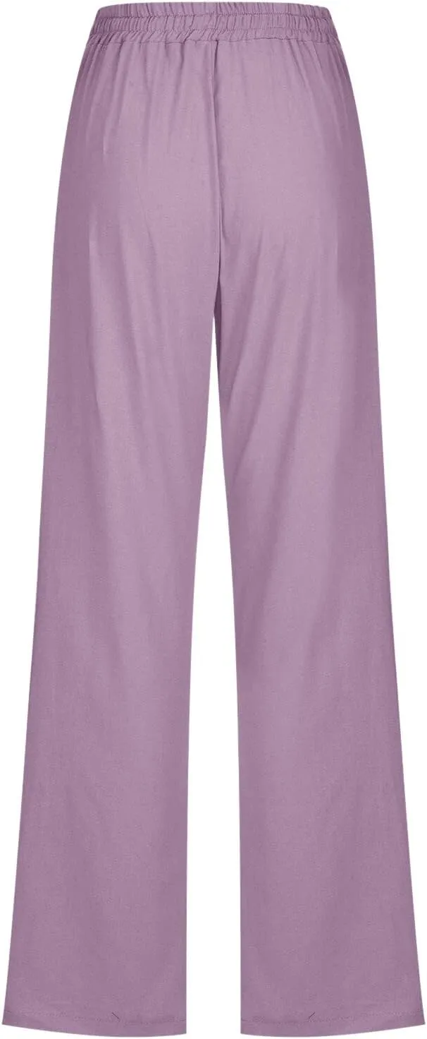 Womens High Waist Cotton Linen Pants Straight Leg Casual Loose Summer Beach Lightweight Drawstring Comfy Lounge Pants