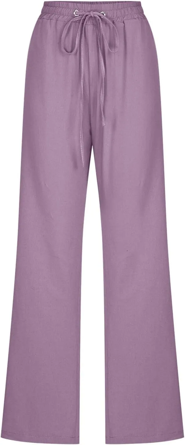 Womens High Waist Cotton Linen Pants Straight Leg Casual Loose Summer Beach Lightweight Drawstring Comfy Lounge Pants