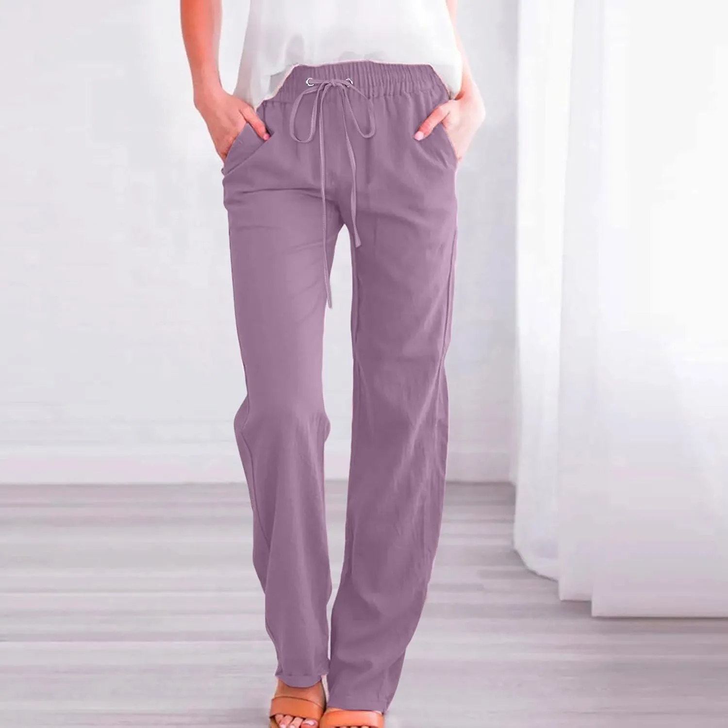 Womens High Waist Cotton Linen Pants Straight Leg Casual Loose Summer Beach Lightweight Drawstring Comfy Lounge Pants