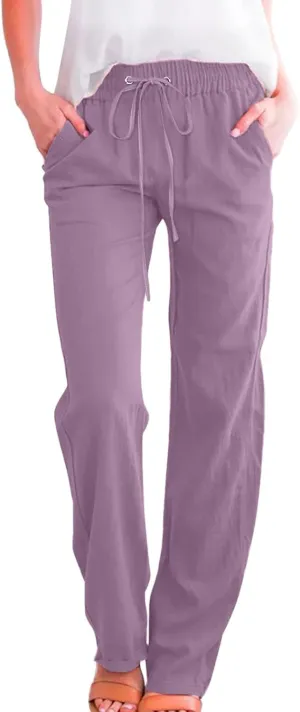 Womens High Waist Cotton Linen Pants Straight Leg Casual Loose Summer Beach Lightweight Drawstring Comfy Lounge Pants