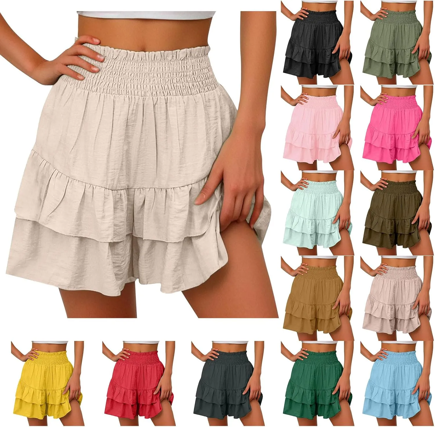 Women's High Waisted Flowy Shorts Boho Ruffle Skorts Pleated Tennis Beach Short Casual Summer Tiered Skirt