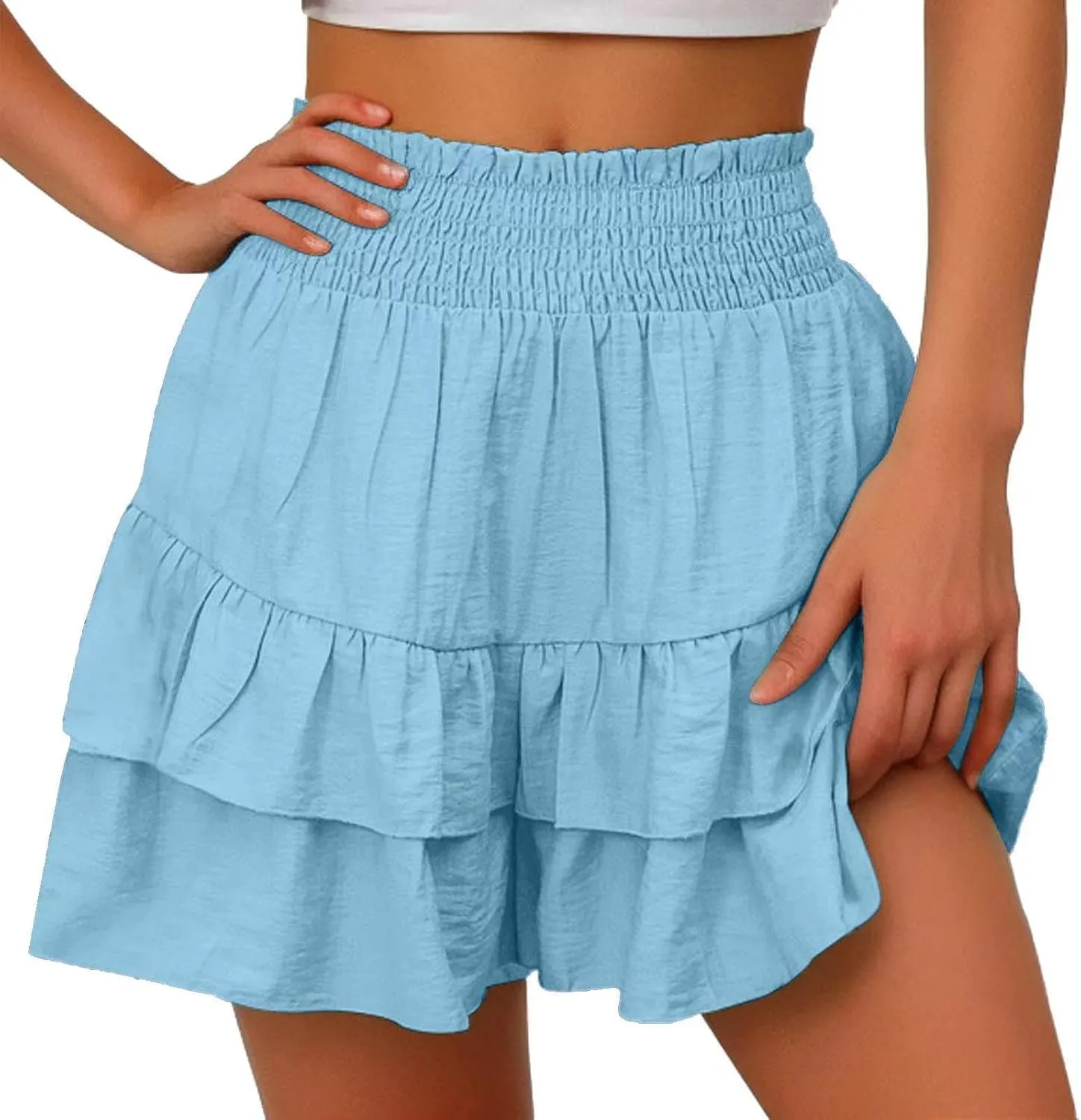 Women's High Waisted Flowy Shorts Boho Ruffle Skorts Pleated Tennis Beach Short Casual Summer Tiered Skirt