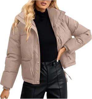 Women's Hiking Puffer Down Jacket Long Sleeve Zip Up Cropped Coat Ski Jackets Winter Lightweight Warm Quilted Outerwear