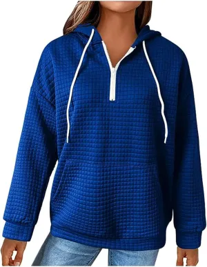 Womens Hoodies Casual Long Sleeve Drawstring Waffle Knit Pullover Tops Loose Hooded Sweatshirt with Pocket