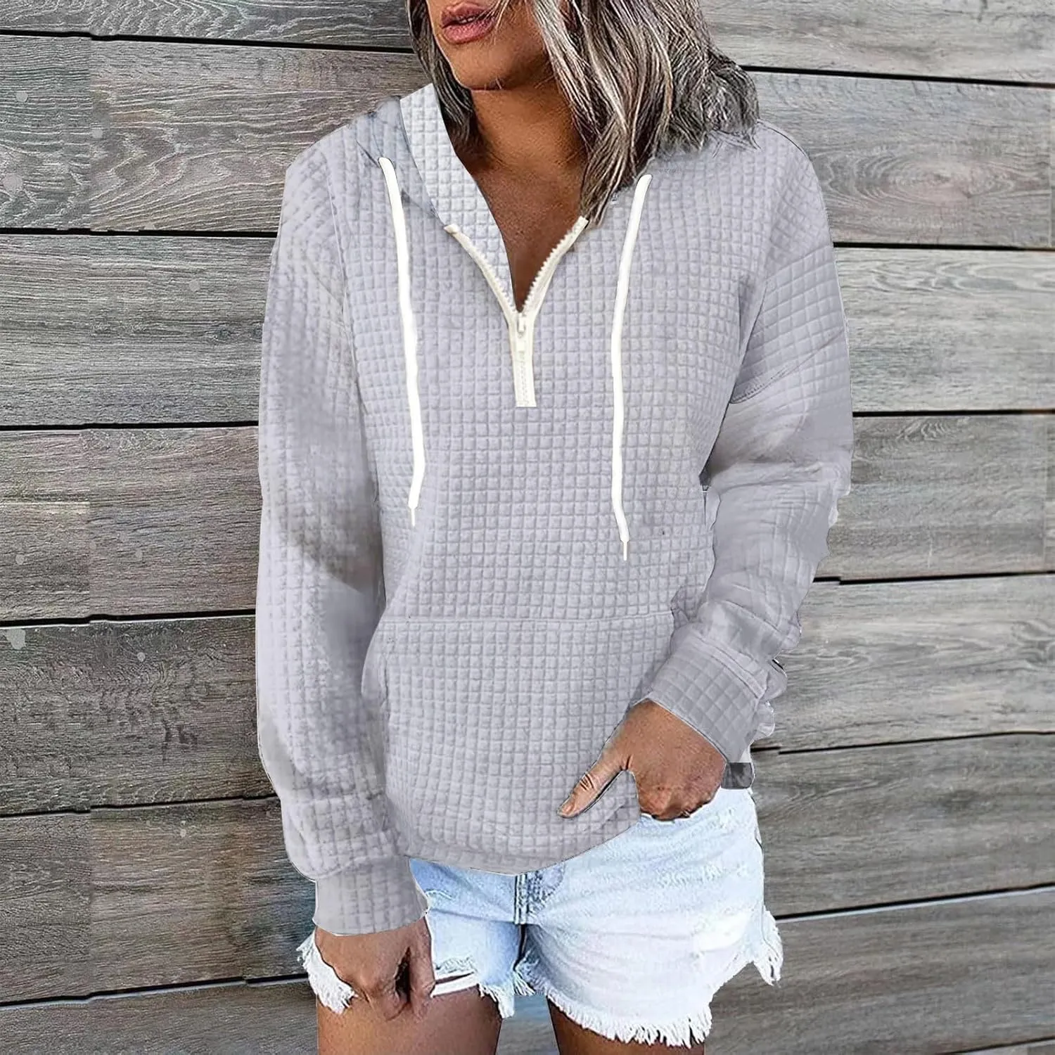 Womens Hoodies Casual Long Sleeve Drawstring Waffle Knit Pullover Tops Loose Hooded Sweatshirt with Pocket