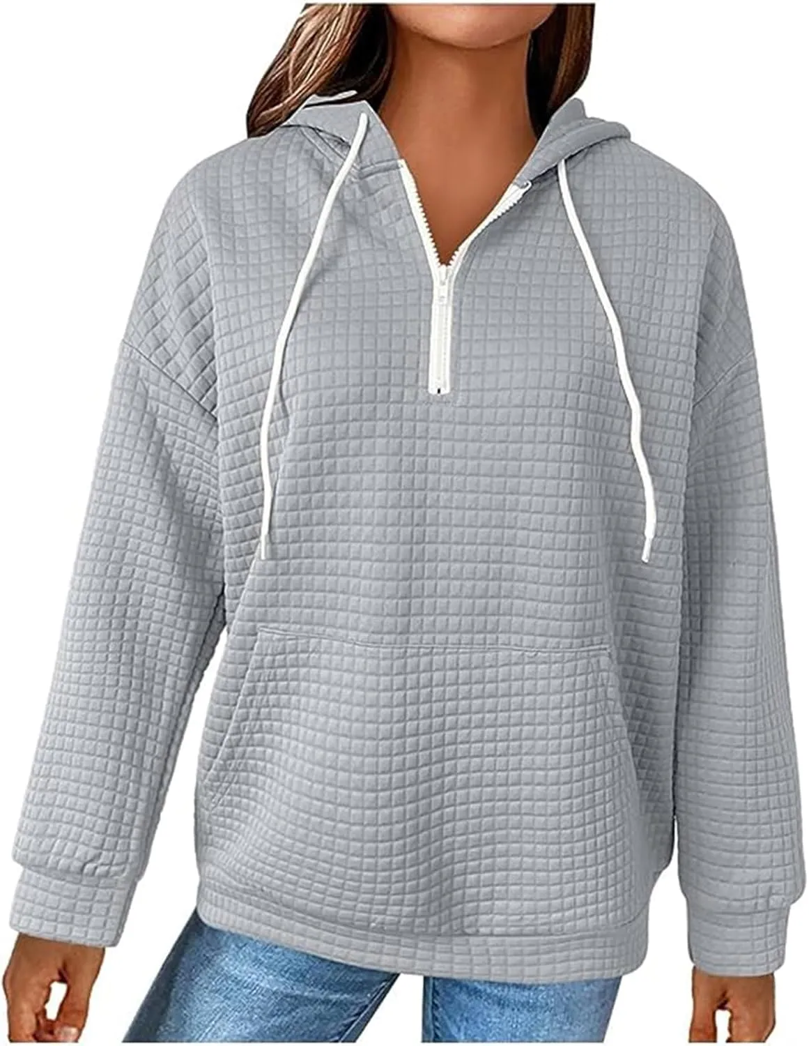 Womens Hoodies Casual Long Sleeve Drawstring Waffle Knit Pullover Tops Loose Hooded Sweatshirt with Pocket