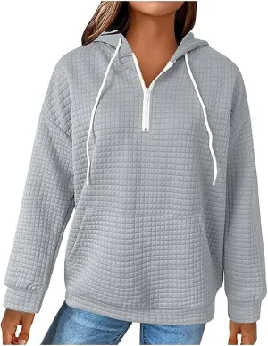 Womens Hoodies Casual Long Sleeve Drawstring Waffle Knit Pullover Tops Loose Hooded Sweatshirt with Pocket