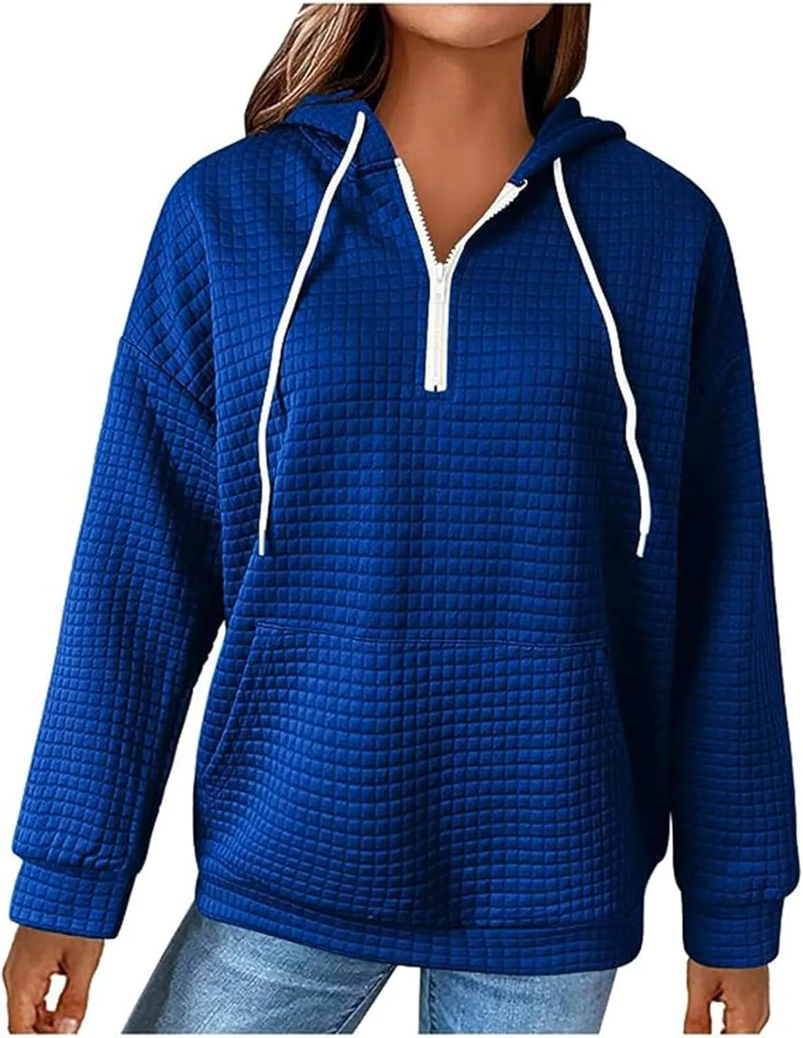 Womens Hoodies Casual Long Sleeve Drawstring Waffle Knit Pullover Tops Loose Hooded Sweatshirt with Pocket