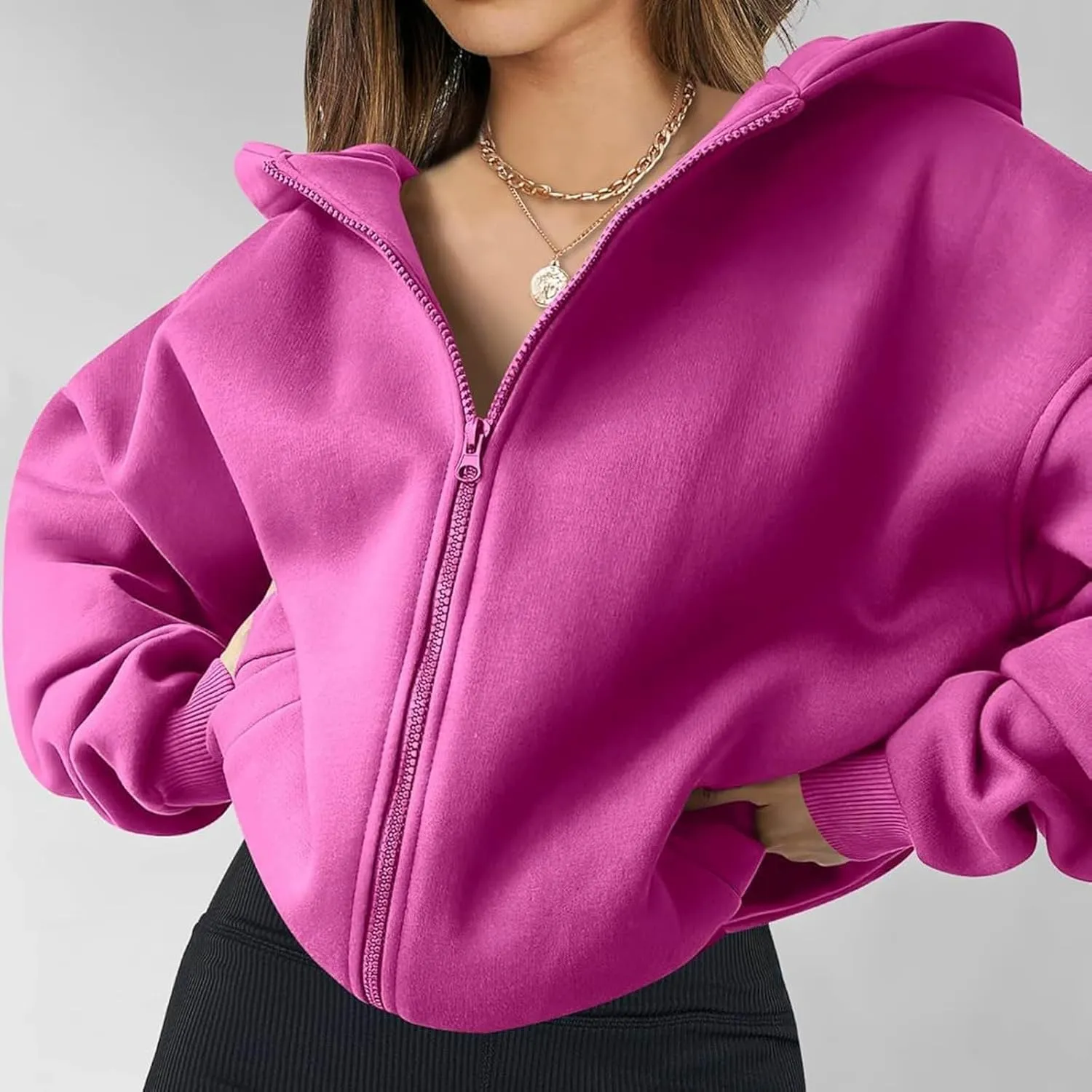 Women's Hot Pink Oversized Jackets Zip Up Solid Hoodie Long Sleeve Fleece Hooded Sweatshirt Pullover Tops with Pocket
