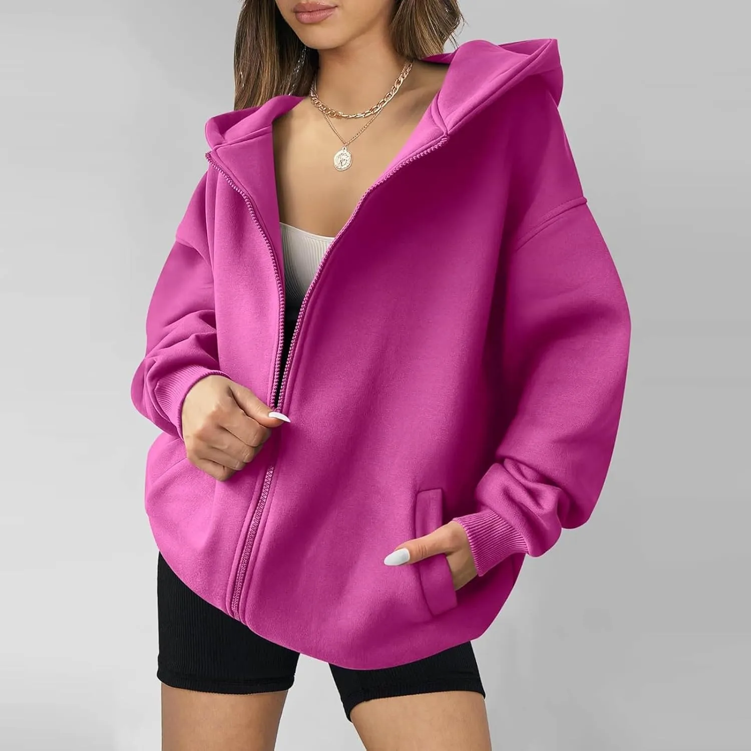 Women's Hot Pink Oversized Jackets Zip Up Solid Hoodie Long Sleeve Fleece Hooded Sweatshirt Pullover Tops with Pocket