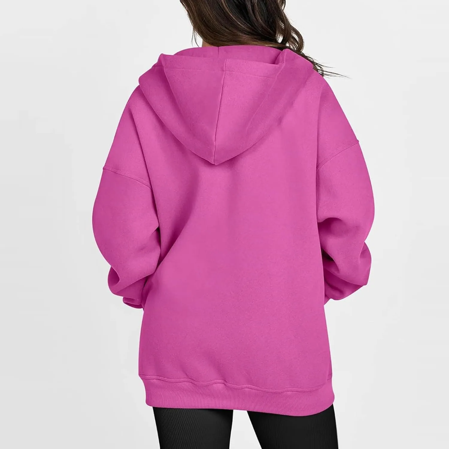 Women's Hot Pink Oversized Jackets Zip Up Solid Hoodie Long Sleeve Fleece Hooded Sweatshirt Pullover Tops with Pocket