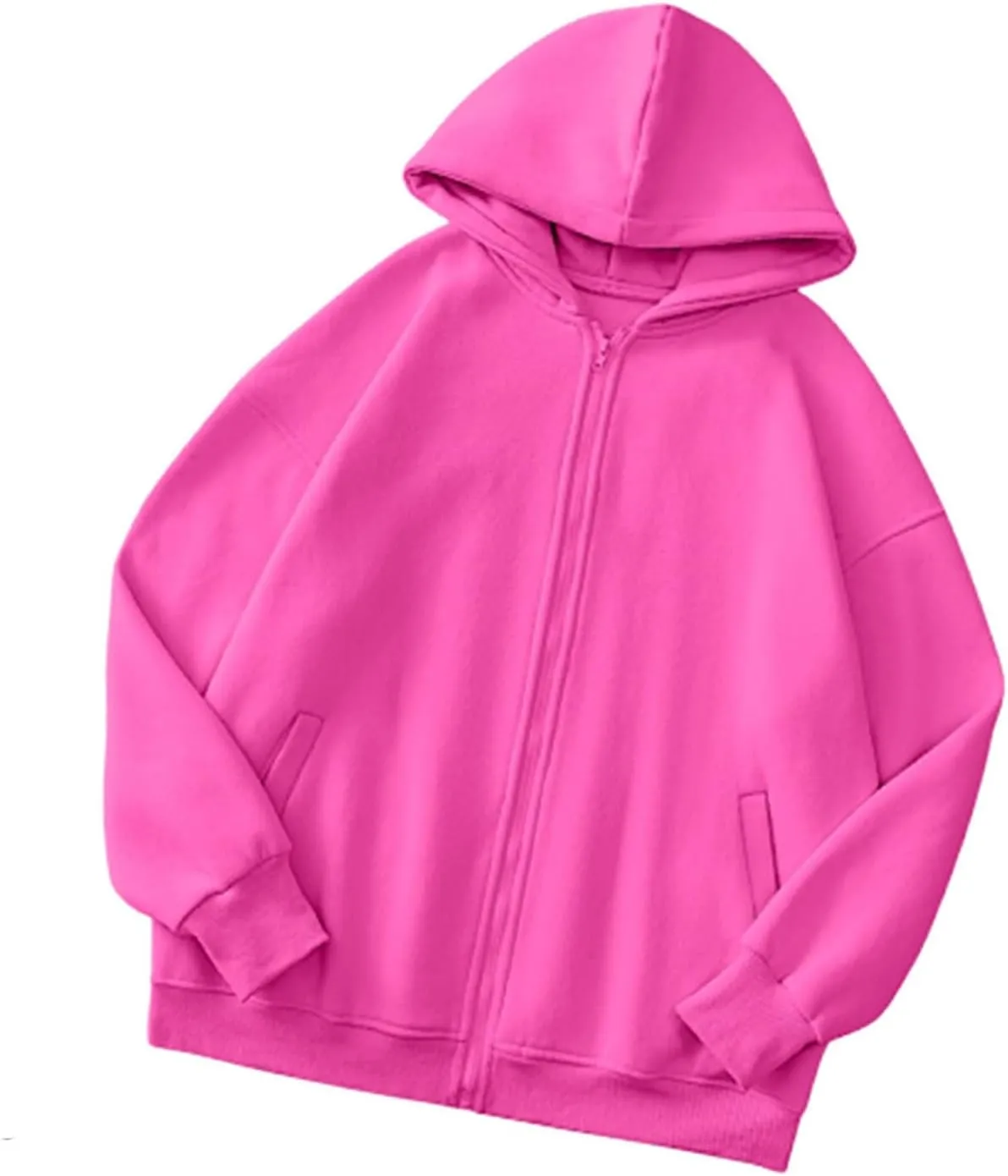 Women's Hot Pink Oversized Jackets Zip Up Solid Hoodie Long Sleeve Fleece Hooded Sweatshirt Pullover Tops with Pocket