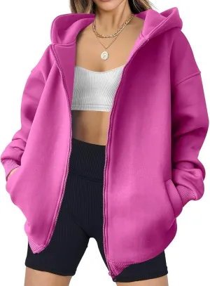 Women's Hot Pink Oversized Jackets Zip Up Solid Hoodie Long Sleeve Fleece Hooded Sweatshirt Pullover Tops with Pocket