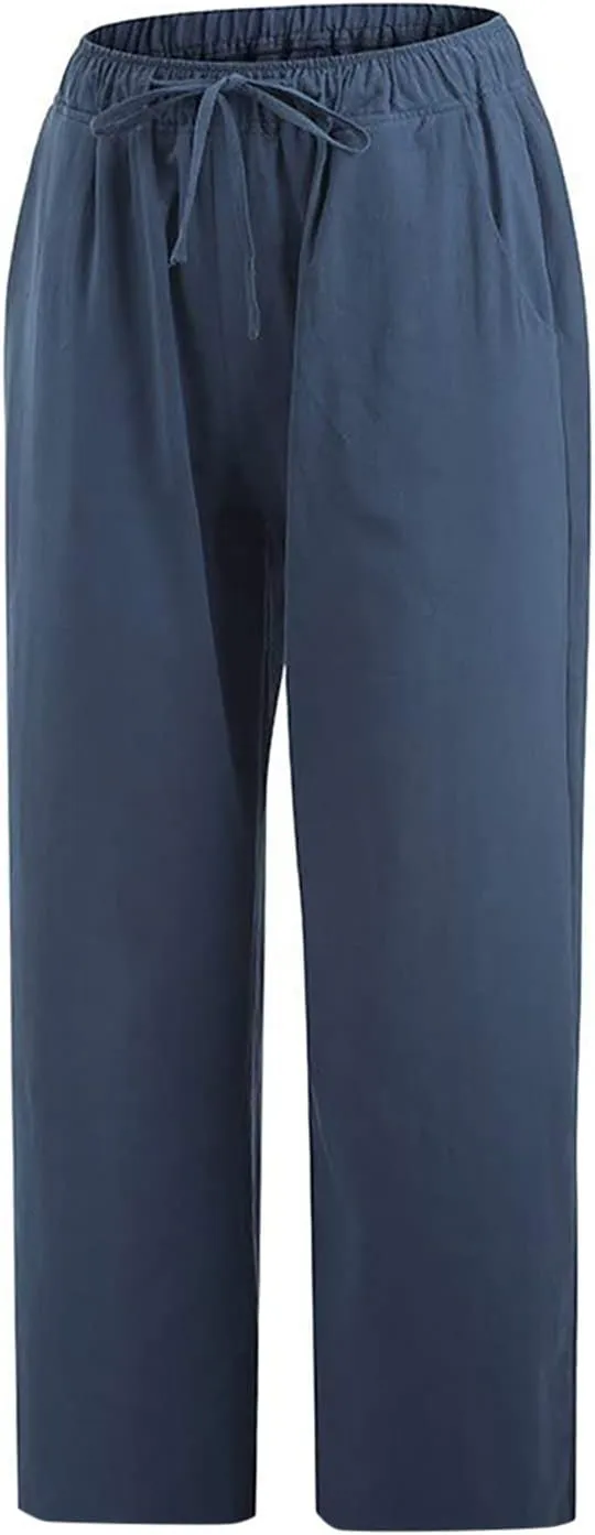 Women's Linen Capri Pants High Waisted Drawstring Wide Leg Trousers Summer Beach Casual Baggy Pants with Pockets