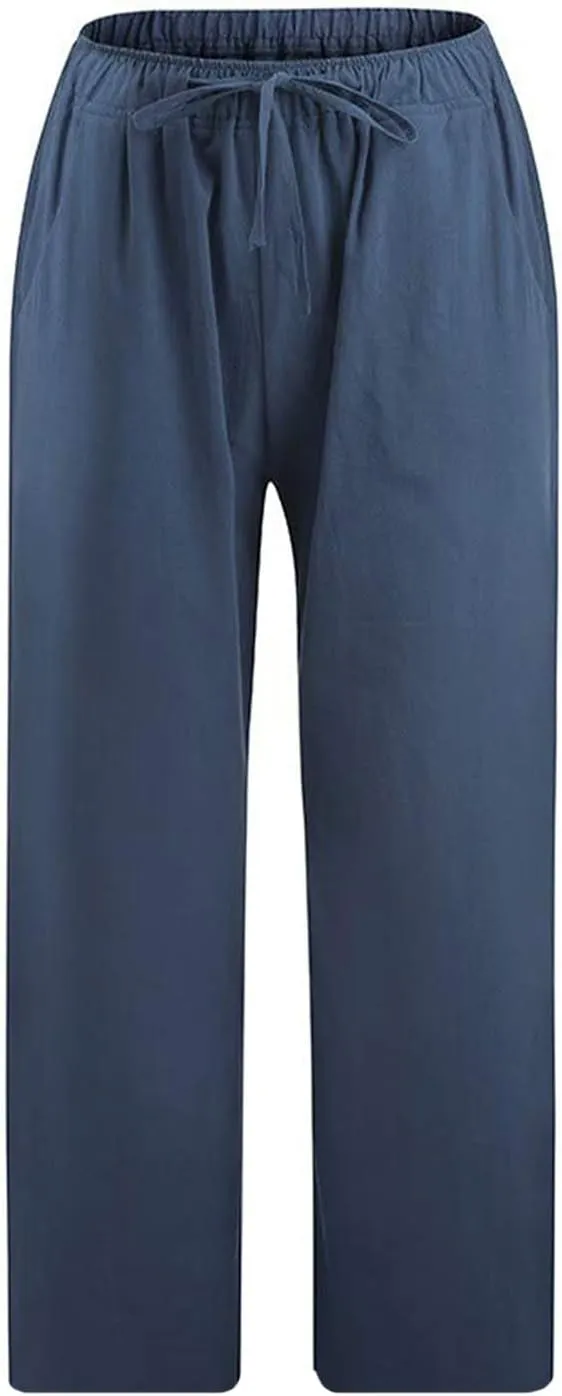 Women's Linen Capri Pants High Waisted Drawstring Wide Leg Trousers Summer Beach Casual Baggy Pants with Pockets