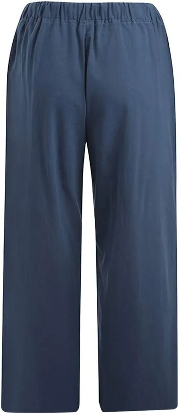 Women's Linen Capri Pants High Waisted Drawstring Wide Leg Trousers Summer Beach Casual Baggy Pants with Pockets