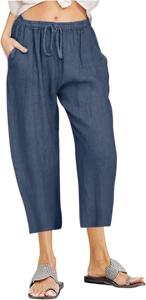 Women's Linen Capri Pants High Waisted Drawstring Wide Leg Trousers Summer Beach Casual Baggy Pants with Pockets