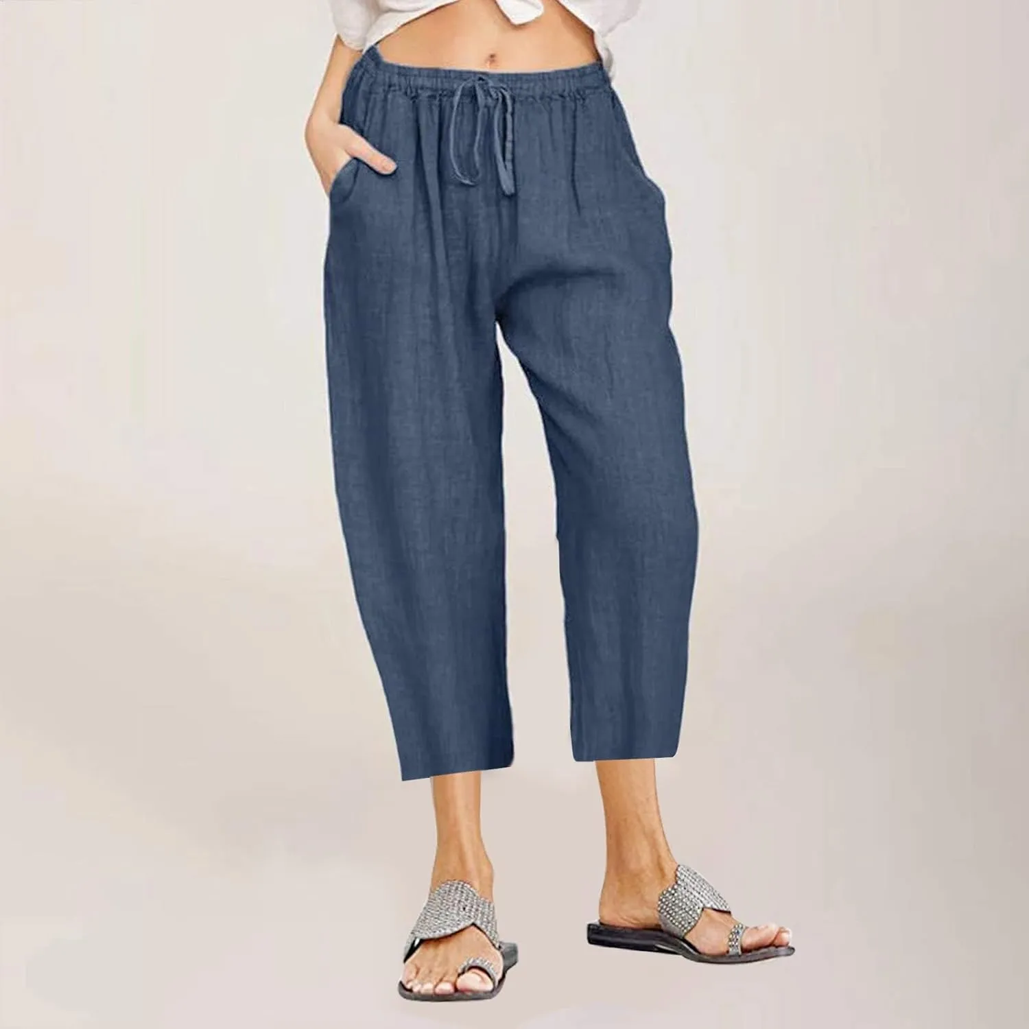 Women's Linen Capri Pants High Waisted Drawstring Wide Leg Trousers Summer Beach Casual Baggy Pants with Pockets