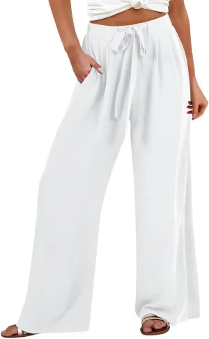 Women's Linen Palazzo Pants Summer Boho Loose Wide Leg High Elastic Waisted Lounge Casual Beach Clothes with Pockets